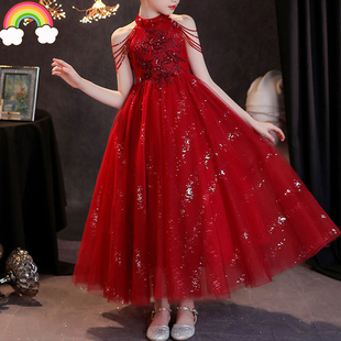 高定儿童红色礼服女童唱歌原创2025新款朗读演讲大童主持人长裙潮