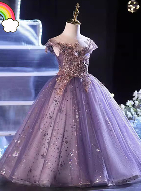 高端儿童礼服女童紫色走秀公主裙生日花童主持钢琴演出服蓬蓬裙潮