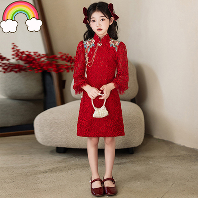 高端红色女童旗袍冬季2025新款