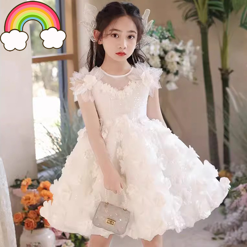 高端原创白色女童主持人礼服花童儿童生日唱歌花童婚礼小女孩钢琴