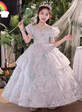 高端女童礼服蓝色六一唱歌小主持人钢琴演奏大童公主裙2025新款