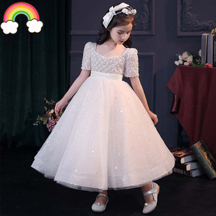 高定花童礼服白色公主裙儿童主持人2025新款女童唱歌演讲原创比赛
