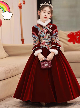 高定女童礼服红色公主裙冬儿童主持人朗读演讲比赛拜年服2025新款