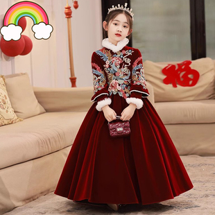 高定女童礼服红色公主裙冬儿童主持人朗读演讲比赛拜年服2025新款