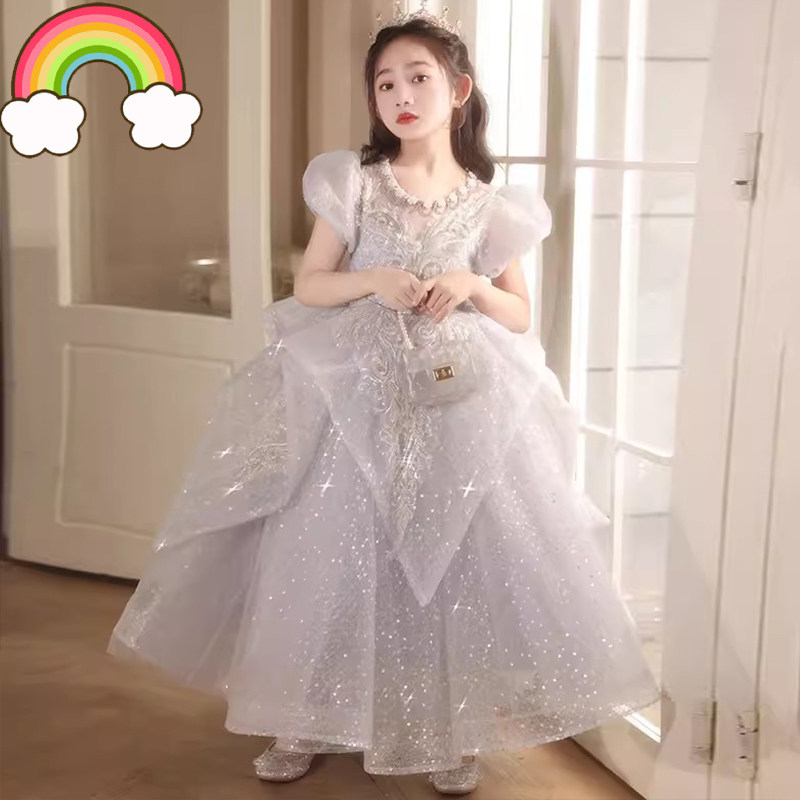 高端原创女童礼服轻奢小众大童女孩灰色公主裙儿童主持人钢琴演奏