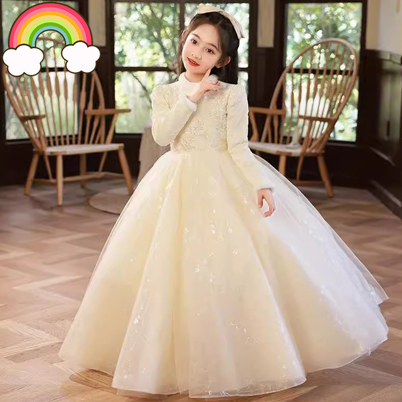 高端儿童花童婚礼小女孩礼服冬季生日加绒公主裙钢琴演奏小主持人