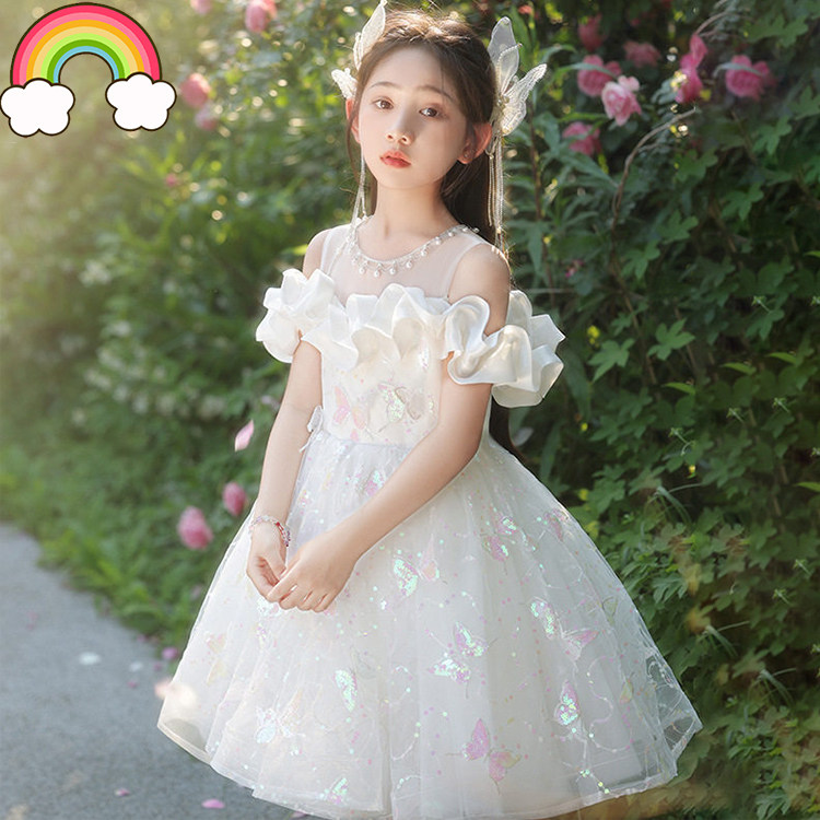 高端白色公主裙女童礼服花童婚礼小女孩主持人儿童钢琴演奏演出服