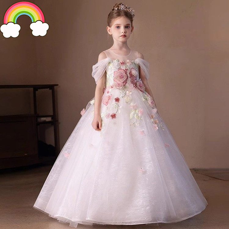 高端女童花童婚礼礼服女孩轻奢玫瑰生日晚礼服白色主持钢琴公主裙