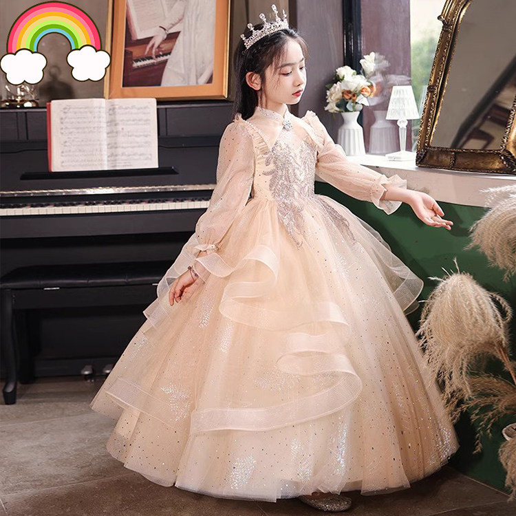 高定儿童礼服女孩生日公主裙晚宴唱歌演讲花童婚礼长袖主持人秋冬