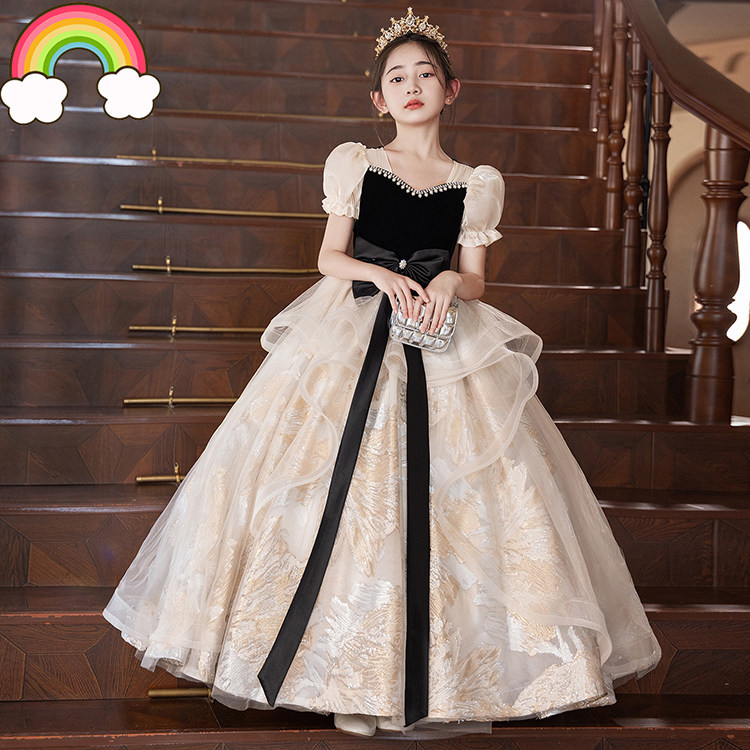 高端儿童晚礼服花童婚礼香槟色小女孩生日钢琴演出服女童公主裙