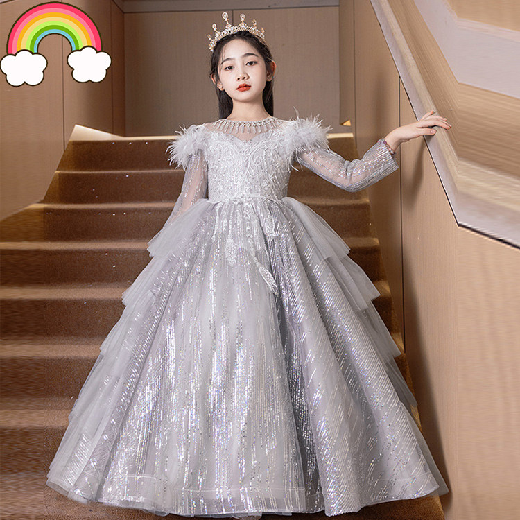 高端儿童晚礼服长袖春秋级感花童纱裙小女孩生日公主裙钢琴演出服