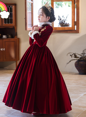 高端儿童礼服春秋加绒加厚红色端公主裙女童主持人钢琴演奏演出服