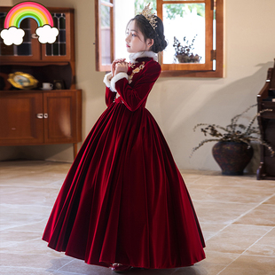 高端儿童礼服春秋加绒加厚红色端公主裙女童主持人钢琴演奏演出服