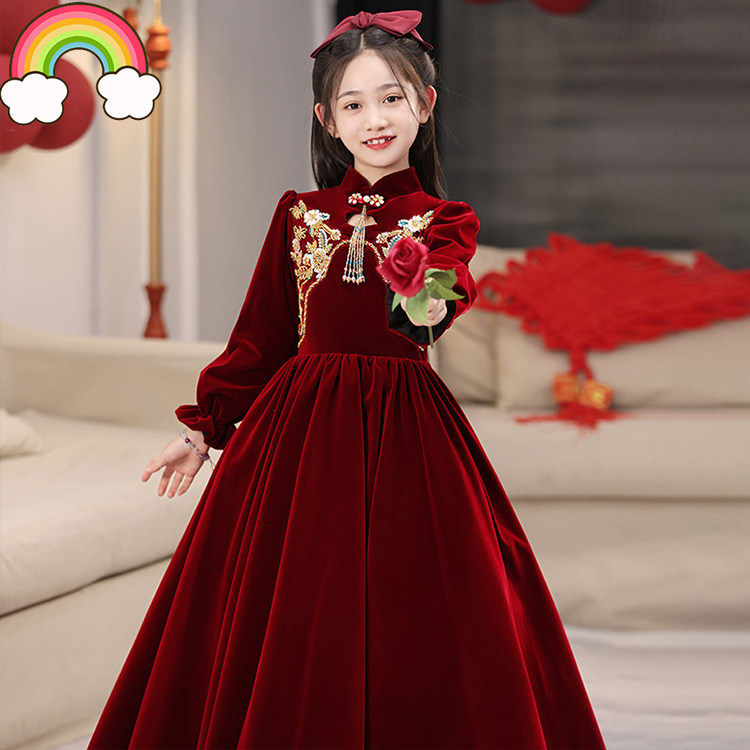 高端花童婚礼小女孩礼服女童红色公主裙儿童端主持人钢琴演出服冬