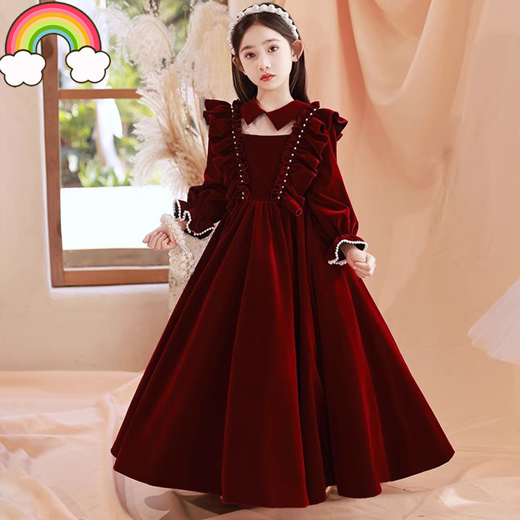 高端女童长袖礼服公主裙唱歌演讲朗读比赛主持人儿童钢琴红色长裙