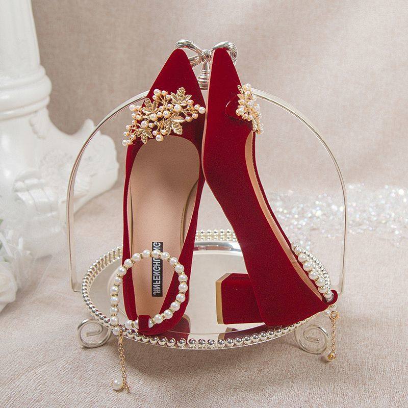红色新娘鞋高跟鞋粗跟礼服敬酒鞋