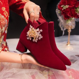 红色高跟鞋 女2023新款 低跟孕妇秀禾婚纱两穿结婚新娘靴子 婚鞋 冬季