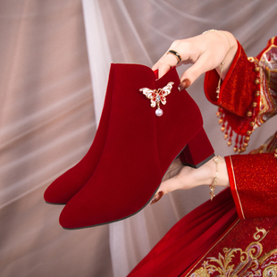 秀禾婚纱两穿粗跟结婚新娘鞋 女酒红色高跟不累脚中式 靴子 婚鞋 冬季