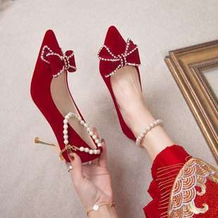 龙凤褂婚鞋两穿禾秀婚纱红鞋子中式古风细跟绒面新娘子婚宴高跟鞋