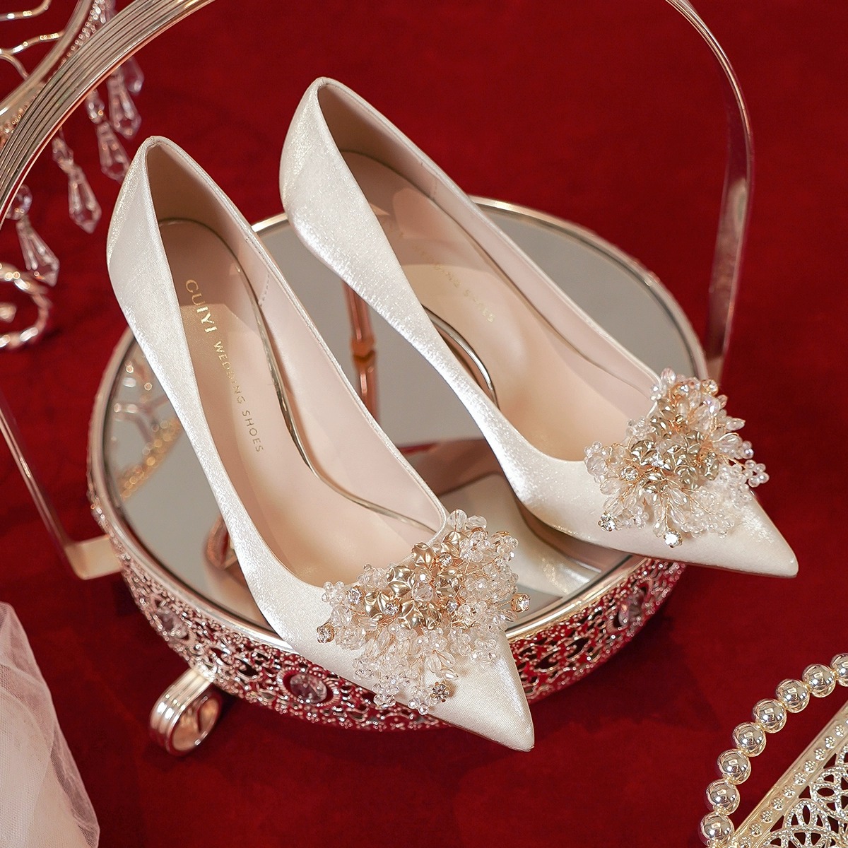 法式香槟色婚鞋新娘鞋女 高级感浅白色秀禾婚纱两穿不累脚高跟鞋