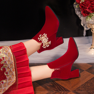 婚纱两穿新娘鞋 婚鞋 红色结婚靴子秀禾鞋 加绒短靴2024新款 女秋冬季