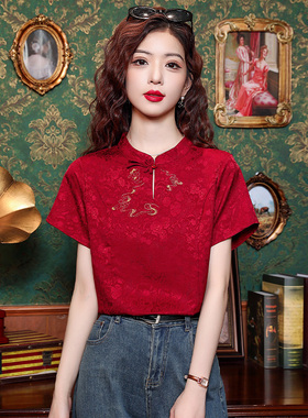 新中式红色刺绣衬衣女士短袖夏装2024年新款复古气质立领提花上衣