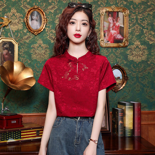 新中式红色刺绣衬衣女士短袖夏装2024年新款复古气质立领提花上衣