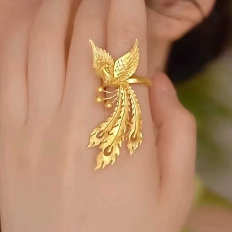 高级感金色花边古法凤凰戒指活口戒可调节仿真戒指婚嫁三金首饰女