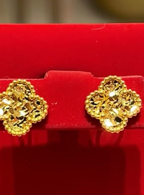 金店同款沙金四叶草碎冰冰耳钉女耳坠高级气质耳饰圆脸显瘦
