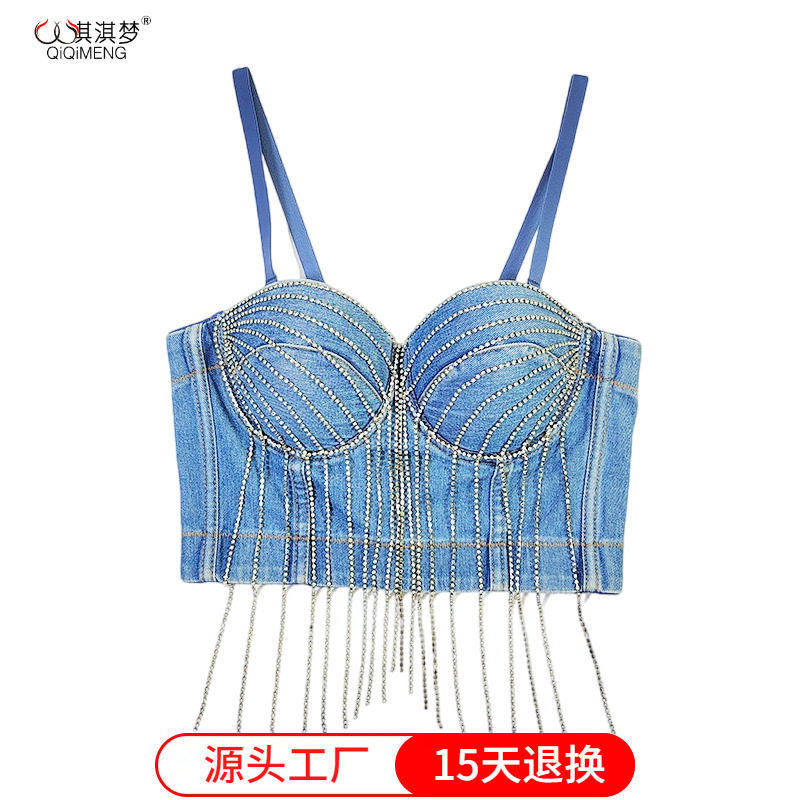 欧美街头风牛仔裹胸钉珠亮钻流苏吊带一体定型杯束身露脐抹胸女潮