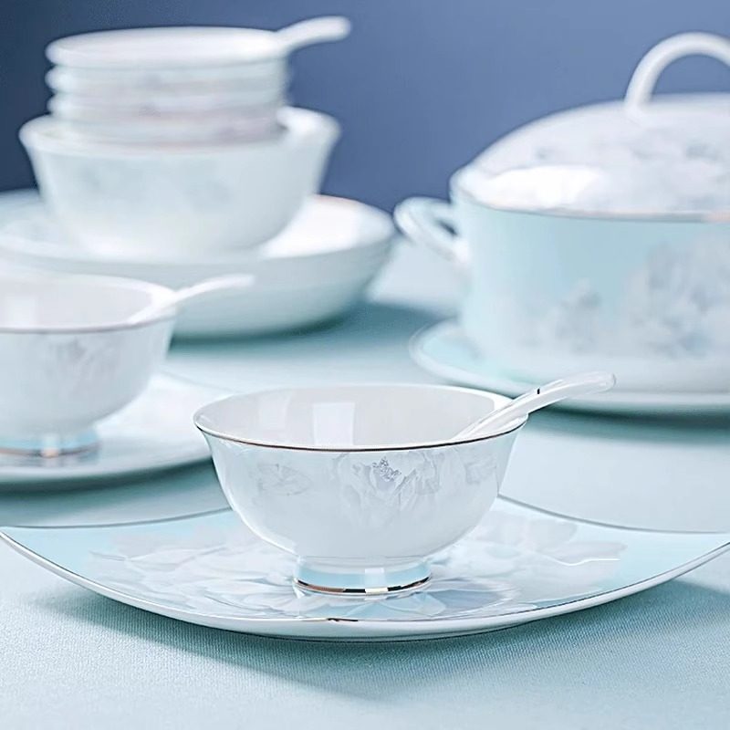 月下牡丹景德镇骨瓷碗碟盘家用中式餐具陶瓷碗组合米饭碗乔迁送礼,餐饮具,碗,淘宝优惠券,粉丝福利购,淘宝优惠卷