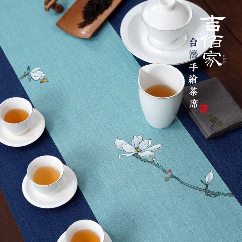 吉佰家茶桌布防水茶席桌旗干泡麻布茶台新中式禅意手绘日式茶巾绿