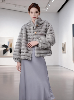 2025冬波浪纹仿貂绒外套女短款 立领环保夹棉内胆大衣小个子百搭