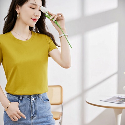 云柔丝光棉V领抗皱T恤女夏