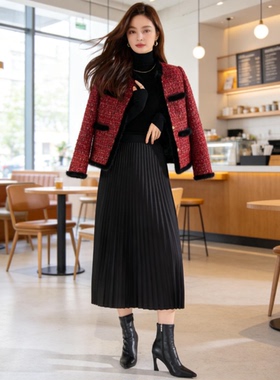 26秋冬美拉德百褶裙女中长款高腰显瘦压褶半身裙通勤复古针织毛呢