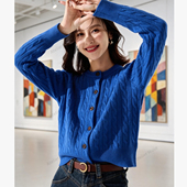 26秋季 克莱因蓝针织开衫 女圆领羊毛毛衣红色撞色百搭显白外穿保暖