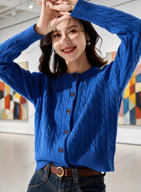 26秋季克莱因蓝针织开衫女圆领羊毛毛衣红色撞色百搭显白外穿保暖