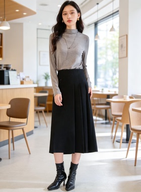 2026秋冬黑色高腰A字半身裙女加厚显瘦遮胯百褶裙通勤气质复古