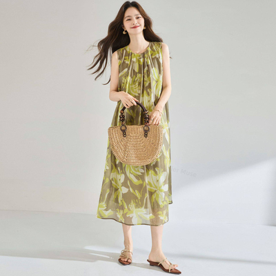 夏天丝莫奈花园印花收腰连衣裙