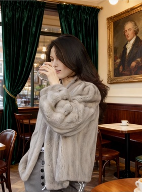 慵懒风短款仿水貂毛外套女抽刀工艺咖啡本色环保貂毛大衣宽松百搭