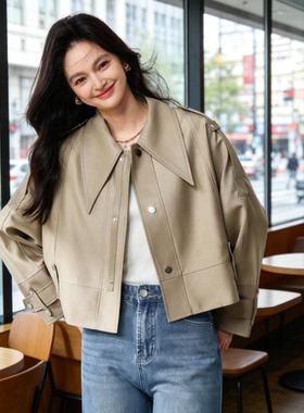 2026春季新款美式复古短夹克女翻领排扣斜纹皮革百搭通勤显瘦短款
