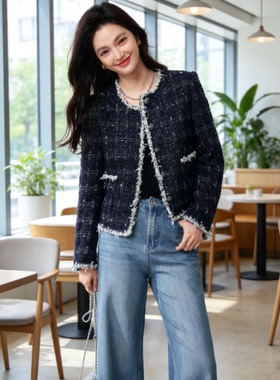 26冬季小香风粗花呢外套女星河月夜圆领彩条肌理气质轻奢通勤短款