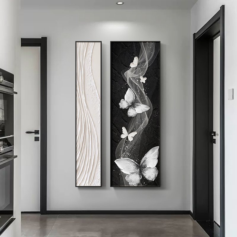 入户玄关装饰画现代简约客厅壁画高级感黑白蝴蝶两联组合走廊挂画图片
