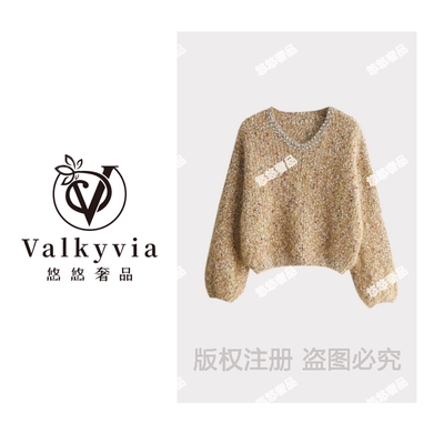 【Valkyvia/悠悠奢品】韩版烫钻彩色波点V领慵懒风套头毛衣TT849