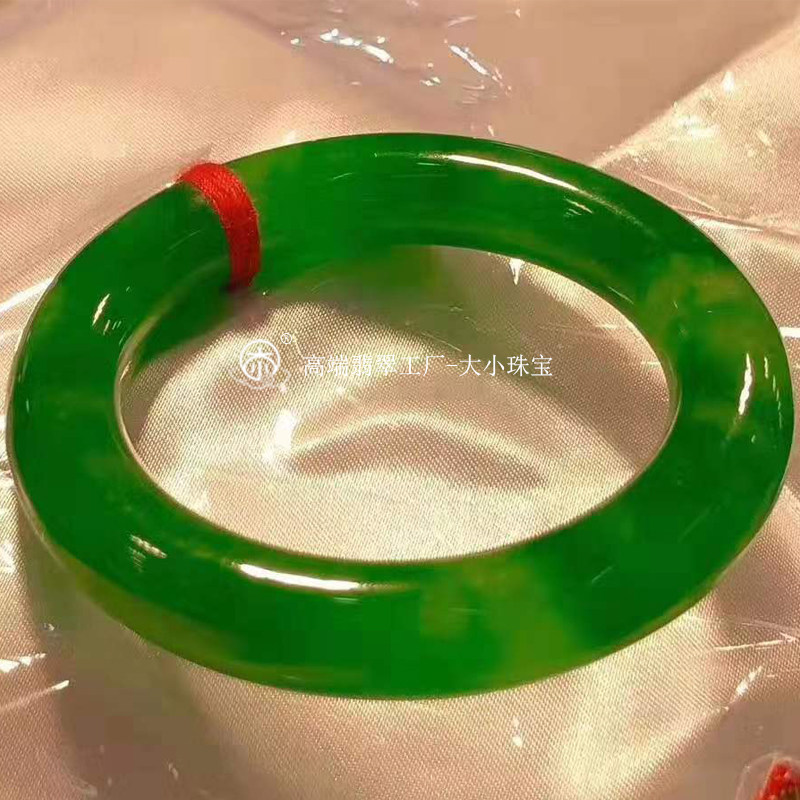大小珠宝高端冰种满色帝王绿翡翠圆条手镯50收藏级天然翡翠玉镯子