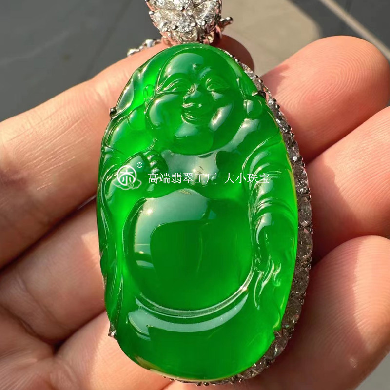 大小珠宝玻璃种满色帝王绿天然翡翠佛公挂件老坑种满绿布袋佛吊坠