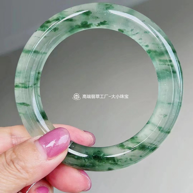 大小珠宝高冰种飘兰花天然翡翠手镯圆条57*12*12mm冰透起光缅甸A
