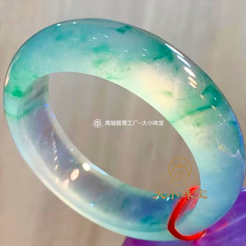 大小珠宝高冰种起荧光飘绿花天然翡翠手镯正圈57老坑冰透缅甸玉镯