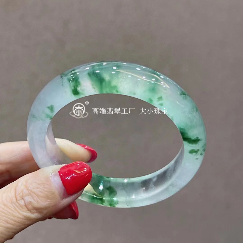 大小珠宝高冰飘兰花天然翡翠手镯正圈53.5老坑起光飘花翡翠玉镯子