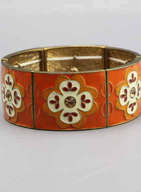 G复古vintage中古橘色弹力花纹手镯孤品